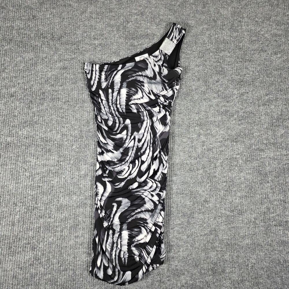 One Shoulder Ruched Bodycon Dress‎ Black White Abstract Print Midi Small